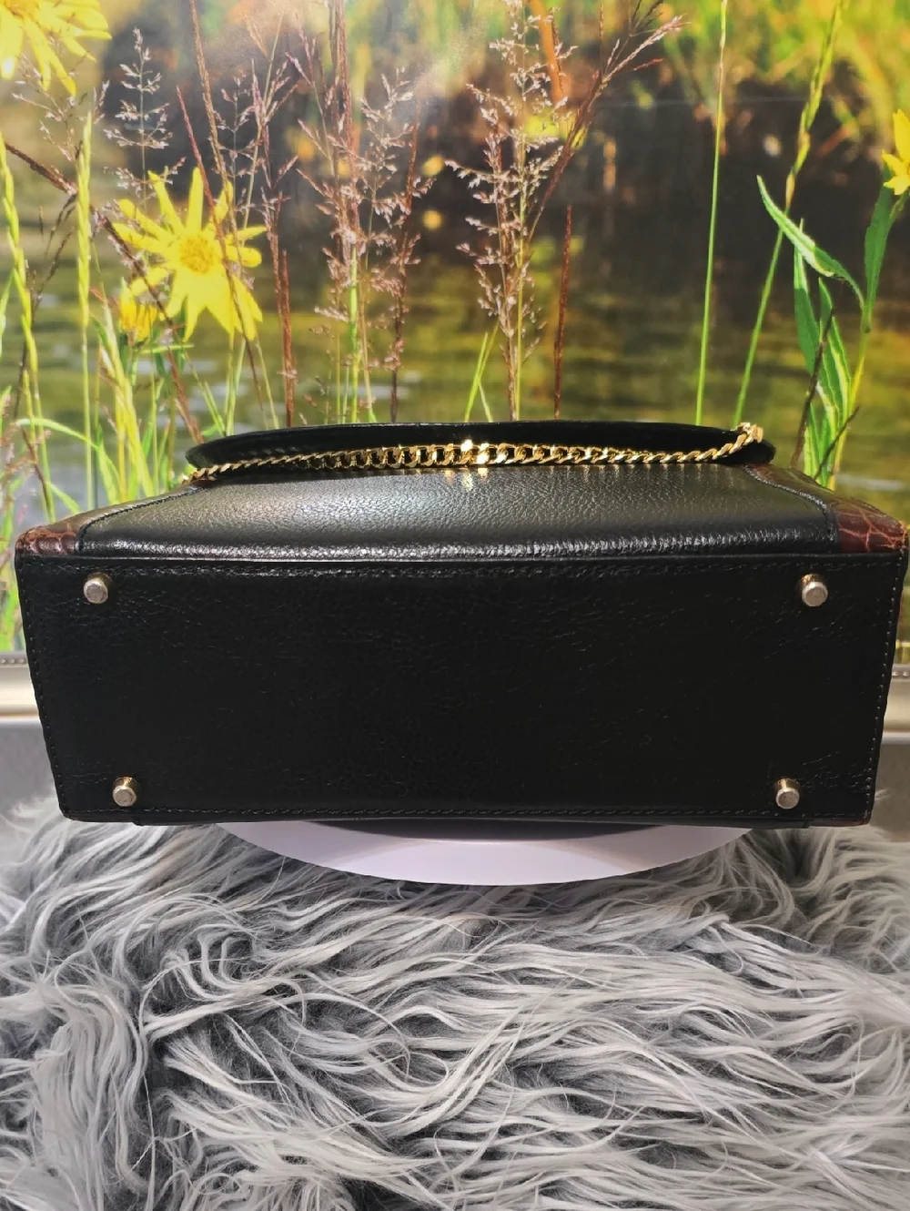 Bally Vintage Leather Satchel Croc Embossed Top Handle Bag Black Brown